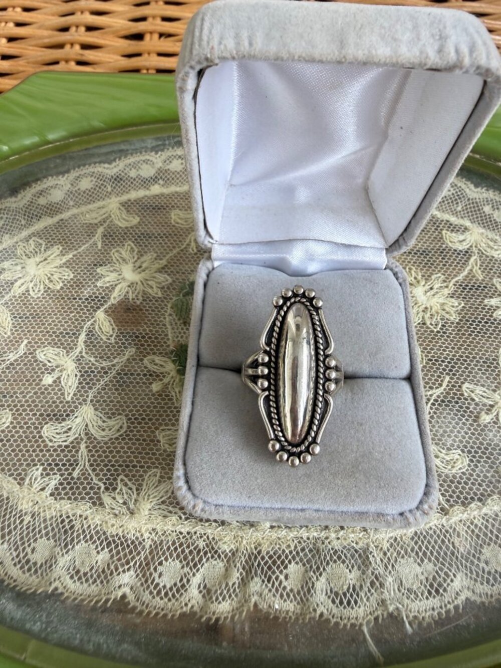 Vintage 70s Bell Trading Post Sterling Long Oval Southwest Ring Size 8